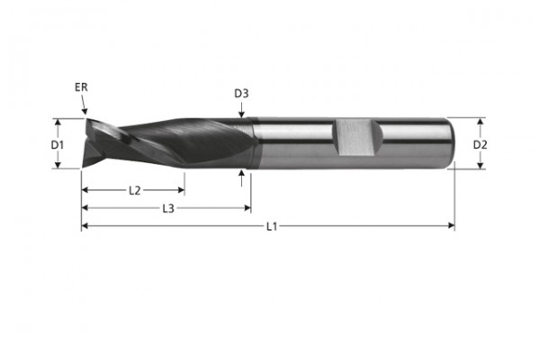 VHM-Bohrnutenfräser für Stahl, Z=2, mit Freischliff, beschichtet