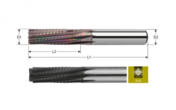 VHM-Schruppschlichtfräser für GFK/CFK, Z=8 4 Stirnschneiden, Linksdrall, mit DIA Beschichtung