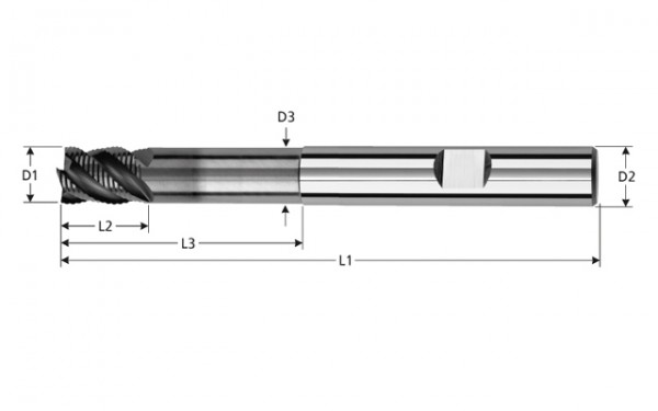 VHM-HPC-Schruppfräser für Stahl, Z=4, ohne Freischliff, 45° Drall, beschichtet