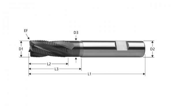 VHM-Schruppfräser für Stahl, Z=4, mit Freischliff, mit HR-Verzahnung, beschichtet