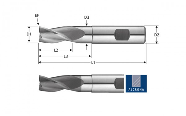 VHM-Schaftfräser für Stahl, Z=3, mit Freischliff, 45°-Drall