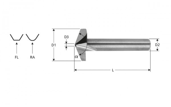 VHM-Abkantfräser für Dibond, Z=2, 135° mit runder Spitze